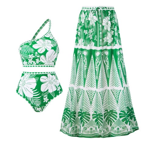 Women's French Vintage 3-Piece Bikini Set Sexy One Shoulder Tropical Floral Print Swimsuit With Sarong Skirt Bathing Suit