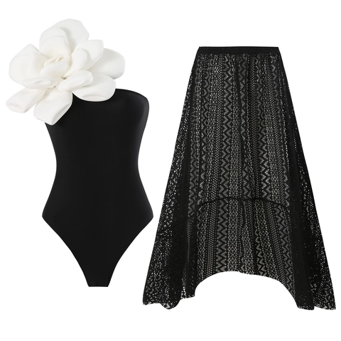 Costume da Bagno Intero Monospalla da Donna E Gonna a Portafoglio Con Decorazione Floreale 3D Stampa Floreale Tropicale