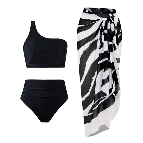 Women High Waisted One Shoulder Bikini Top Bottom And Tropical Leaf Print Sarong Wrap Skirt Sexy Beachwear Bathing Suit
