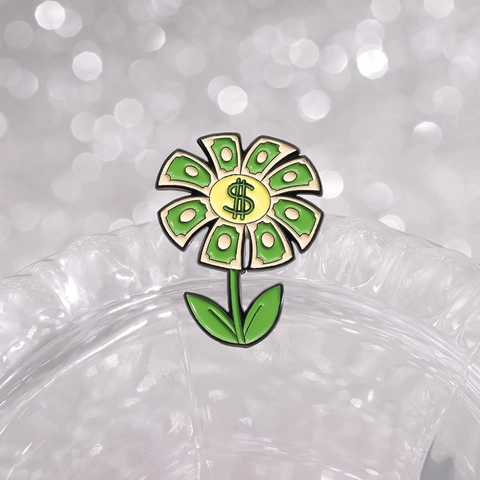 Creative Money Dollar Bill Series Enamel Brooch Pins Alloy Banknote Rose Sunflower Money Tree Butterfly Funny Badge Jewelry For Women Men