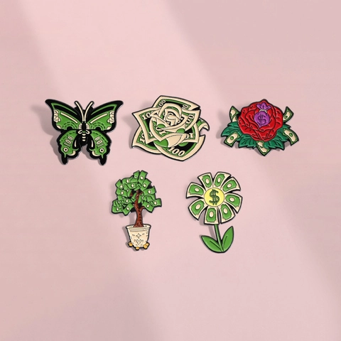 Creative Money Dollar Bill Series Enamel Brooch Pins Alloy Banknote Rose Sunflower Money Tree Butterfly Funny Badge Jewelry For Women Men
