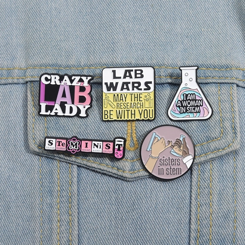 STEM Women In Science Enamel Pin Set Alloy Lab Wars Beaker Brooches Periodic Table Steminist Badges For Backpack Clothing Jewelry Gift