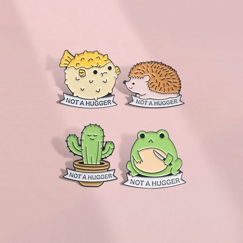 Pin de Esmalte Animales Dibujos Not A Hugger Rana Erizo Pez Globo Cactus Broche de Aleación para Ropa Mochila Accesorio