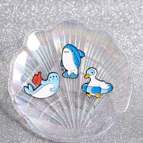 Cartoon Animal Enamel Pin Cute Blue Shark Seal White Duck Brooch Alloy Metal Lapel Badge For Backpack Clothing Accessory