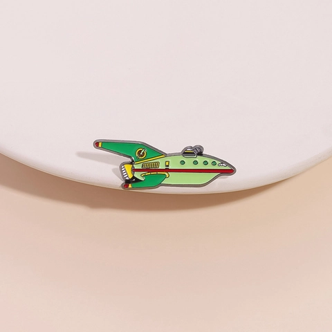 Cartoon Green Spaceship Enamel Pin Planet Express Ship Alloy Badge Retro Sci-Fi Brooch Pin Accessories For Backpack Clothes