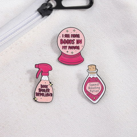 Pin de Esmalte para Amantes de Libros Tema de Lectura Rosa Broche de Aleación de Zinc Frasco de Poción Insignia para Mochila