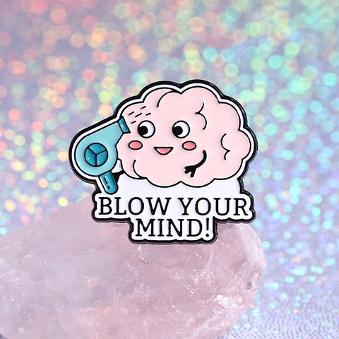 Mignonne Broche en Émail de Cerveau de Dessin Animé Amusant Open Mind Make Up Your Mind Brain Wave Blow Your Mind Badge
