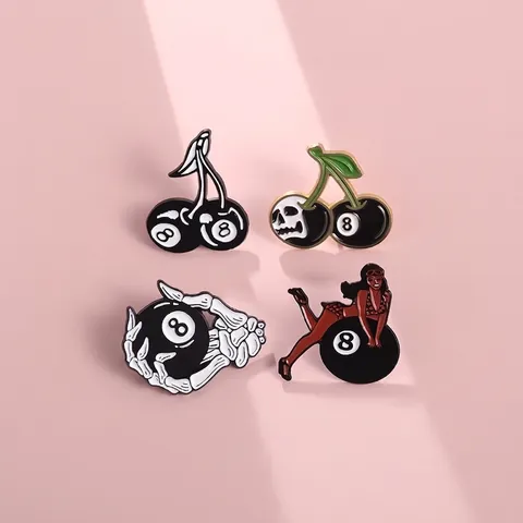 Vintage Punk Alloy Enamel Brooch Pin 8 Ball Cherry Skull Skeleton Hand Pin-up Girl Badges For Clothing Bags Accessories
