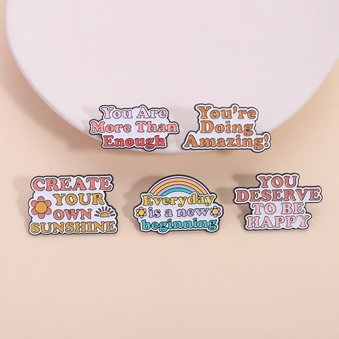 Cartoon Alloy Enamel Brooch Pin Set Motivational English Quotes Rainbow Sun Flower Badges For Clothes Bags Decor