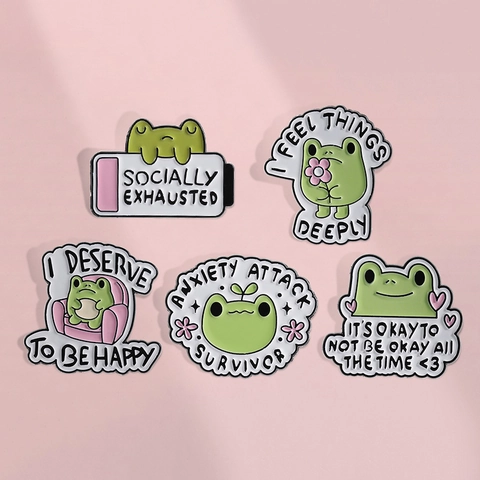 Cartoon Frog Enamel Pin Alloy Brooch Mental Health Phrases Colorful Lapel Badge For Jackets Bags Backpack Accessory Gift