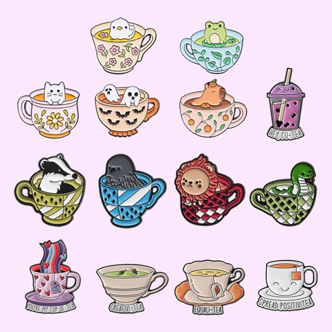 Creative Teacup Animal Enamel Brooches For Clothes Backpack Cute Cartoon Metal Badge Funny Tea Pun Jewelry Accessory Pin