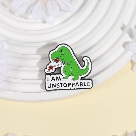 Épinglette en Émail Dinosaure Vert Dessin Animé Broche Tyrannosaure Amusante Avec Lettrage Unstoppable pour Sac à Dos Vêtements Alliage