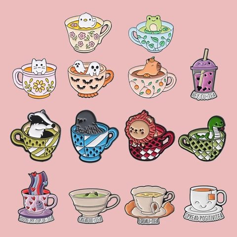 Creative Teacup Animal Enamel Brooches For Clothes Backpack Cute Cartoon Metal Badge Funny Tea Pun Jewelry Accessory Pin
