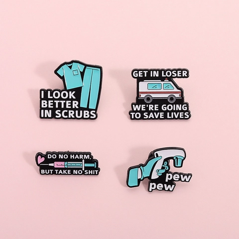 Funny Medical Enamel Pin Set Alloy Ambulance Scrubs Syringe Forehead Thermometer Cartoon Brooch Badges For Doctors Nurses Medical Gifts