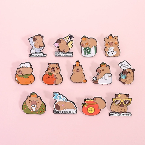 Cartoon Capybara Enamel Pin Alloy Animal Brooch Mahjong Tangerine Tomato Pattern Cute Badge For Clothing Backpack Decoration