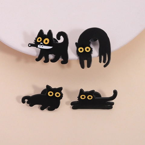Ensemble de Broches Pin's Chat Noir Dessin Animé Mignon Badge Chat au Couteau Drôle Alliage de Zinc Vernis de Cuisson Bijoux pour Sac à Dos Vêtements Cadeau