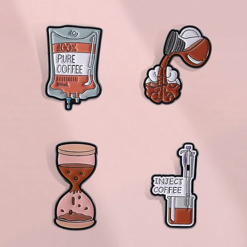 Creative Lab Coffee Enamel Pin Set Fun Alloy Cartoon Infusion Bag Hourglass Beaker Brain Brooch Pin Accessory For Unisex