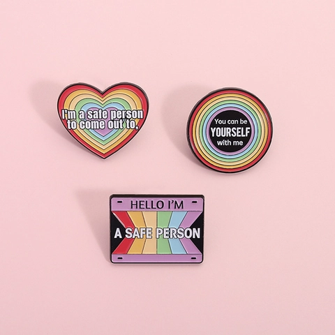 Rainbow Enamel Brooch Pin LGBTQ Ally Safe Person Heart Round Rectangle Alloy Badge For Backpack Clothing Decor
