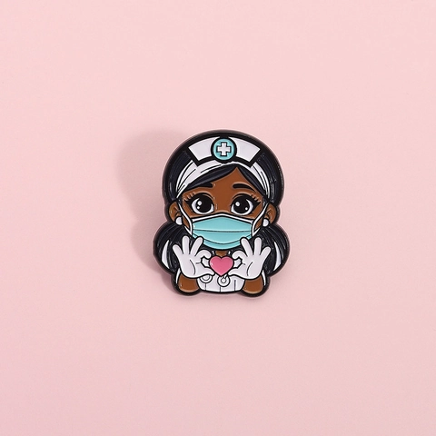 Cartoon Nurse Enamel Pin Brooch Alloy Heart Medical Badge For Nurses Doctors Black Female Nurse Commemorative Jewelry