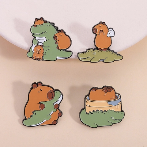 Cute Cartoon Capybara Crocodile Enamel Brooch Zinc Alloy Lacquered Badge Backpack Accessories Gift Animal Pin Jewelry For Unisex