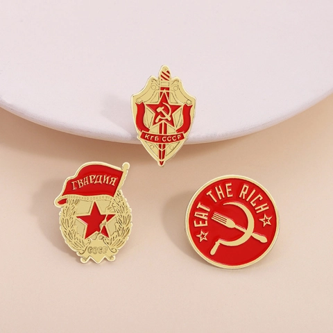 Vintage Soviet CCCP Enamel Pins KGB Shield Metal Brooch Eat The Rich Badge For Clothing Backpack Accessories Gift