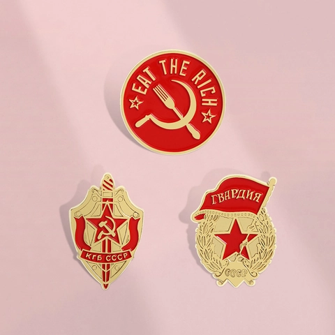 Retro Soviet KGB CCCP Enamel Brooch Pin Eat The Rich Shield Guard Military Collection Alloy Red Gold Badges Clothing Pins