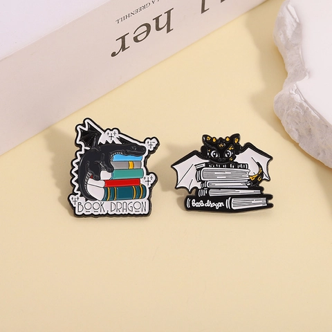 Book Dragon Enamel Pin Brooch Cartoon Dragon On Books Zinc Alloy Badge For Book Lovers Backpack Clothing Accessory Gift