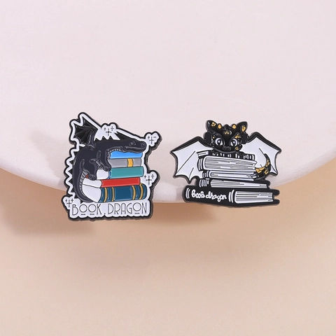 Book Dragon Enamel Pin Brooch Cartoon Dragon On Books Zinc Alloy Badge For Book Lovers Backpack Clothing Accessory Gift