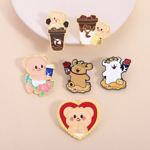 Cute Cartoon Bear Dog Alloy Enamel Brooch Pin Japanese Style Coffee Cup Animal Badge For Bag Hat Clothes Decoration Jewelry Gift Unisex