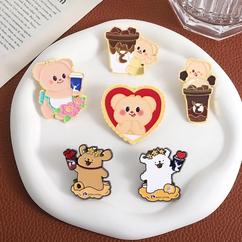 Cute Cartoon Bear Dog Alloy Enamel Brooch Pin Japanese Style Coffee Cup Animal Badge For Bag Hat Clothes Decoration Jewelry Gift Unisex