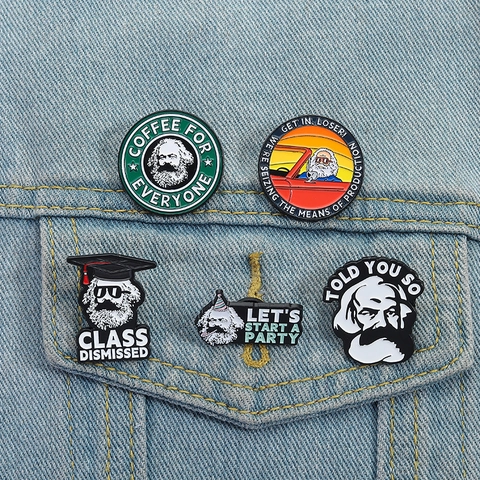 Drôle de Broche en Alliage d'Émail Dessin Animé Karl Marx Badge en Métal Créatif Parodie Avec Citations Pour Sac à Dos Vêtements Accessoires Bijoux