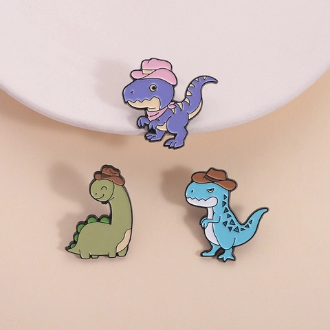 Cute Cartoon Dinosaur Enamel Brooch Pins Zinc Alloy Cowboy Hat T-Rex Brontosaurus Badges For Backpack Clothes Unisex Jewelry