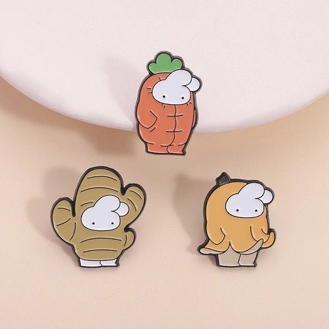 Cute Vegetable Theme Zinc Alloy Enamel Brooch Set Cartoon Rabbit Carrot Ginger Banana Shape Lapel Pins Accessories Gifts