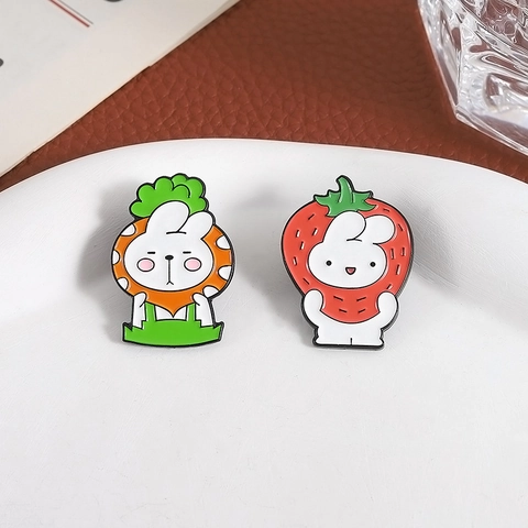 Cute Cartoon Rabbit Enamel Pin Strawberry Carrot Zinc Alloy Brooch Badge For Clothing Bags Hat Decor Unisex Gift Jewelry