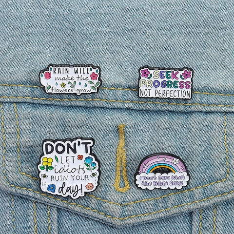 Motivational Quote Enamel Pins Set Alloy Cartoon Floral Rainbow Brooches For Bags Clothing Personality Unisex Badges Jewelry