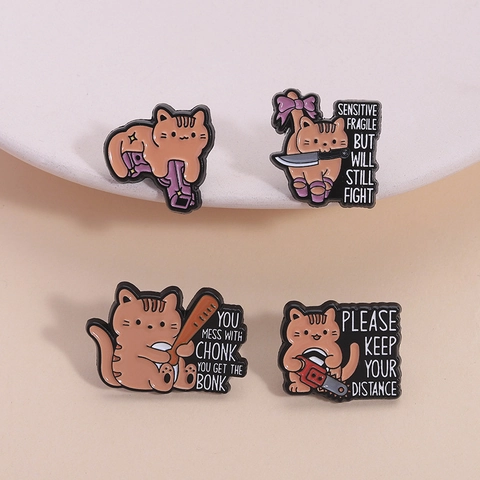 Cartoon Funny Orange Cat Enamel Pin Badges Sensitive Fragile Cat With Knife Chainsaw Bat Gun Zinc Alloy Brooches For Clothing Backpack Decor Humor Gift