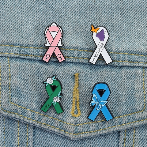 Spilla a Distintivo in Smalto a Forma di Nastro Consapevolezza PTSD No Violenza Farfalla per Supporto Quotidiano Gioielli