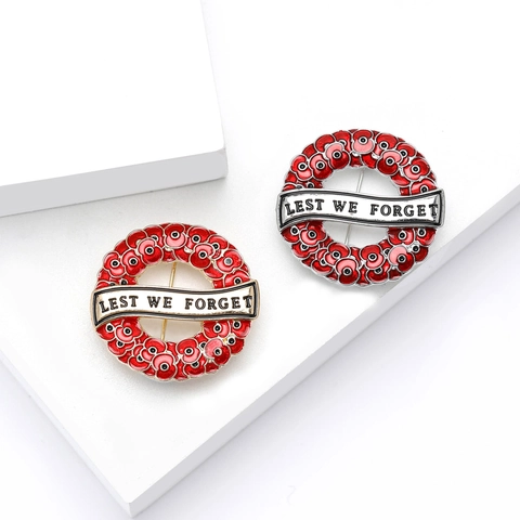 Lest We Forget Memorial Poppy Wreath Brooch Alloy Enamel Red Flower Pin For Women Remembrance Day Jewelry Gift
