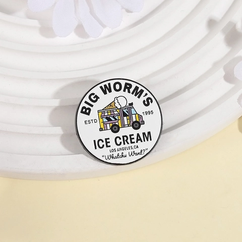 Retro American Style Round Enamel Pin Big Worm's Ice Cream Truck Alloy Brooch Metal Badge For Backpack Clothes Decor