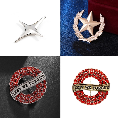Alloy Enamel Remembrance Poppy Flower Wreath Brooch Pin With Lest We Forget Text Gold Silver Star Badge For Clothes Jacket Jewelry