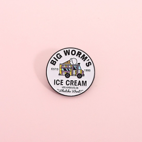 Retro American Style Round Enamel Pin Big Worm's Ice Cream Truck Alloy Brooch Metal Badge For Backpack Clothes Decor