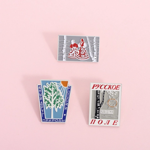 Juego de Broches de Esmalte Retro Ruso Aleación Árbol de Abedul Figuras Tradicionales Insignias de Metal para Ropa Mochila