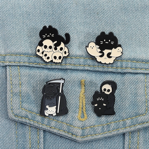 Halloween Katze Emaille Pin Sensenmann Totenkopf Geist Legierung Brosche Für Rucksack Kleidung Personalisierte Cartoon Schmuck Abzeichen Geschenk