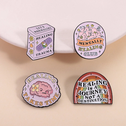 Geestelijke Gezondheid Enamel Pin Cartoon Hersenen Regenboog Genezing Citaten Zinklegering Broche Badge Voor Rugzak Jas Sieraden