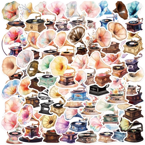 Waterproof PVC Gramophone Stickers Floral Record Player Decals For Laptop Guitar Luggage DIY Scrapbooking Journal Decoration Assorted Patterns