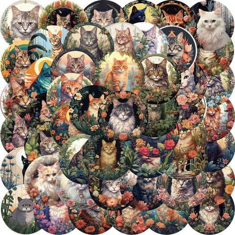 Autocollants Vintage Chat Fleurs Imperméables en PVC pour Ordinateur Portable Bagages Guitare Coque Téléphone DIY Scrapbooking Esthétique