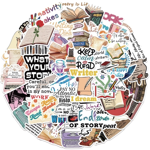 Retro Literary Writer Theme Stickers Waterproof PVC Decals For Laptop Suitcase Guitar Journal Scrapbooking Book Lover Gift
