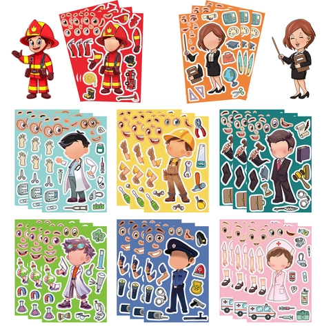 DIY Make-a-Face Sticker Set For Kids Educational Professional Occupation Doctor Nurse Firefighter Police Cartoon DIY Stickers Multiple Themes Mix Set
