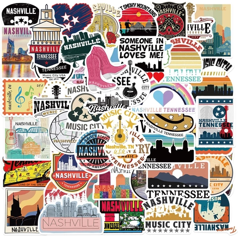 Nashville Tennessee Graffiti Stickers Waterproof Vinyl Decals For Luggage Laptop Water Bottle DIY Travel Souvenir Music City Theme
