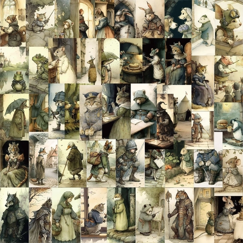 Vintage Fairy Tale Animal Illustration Stickers Waterproof PVC Decals For DIY Laptop Guitar Luggage Decoration Anthropomorphic Aesthetic Sticker Set